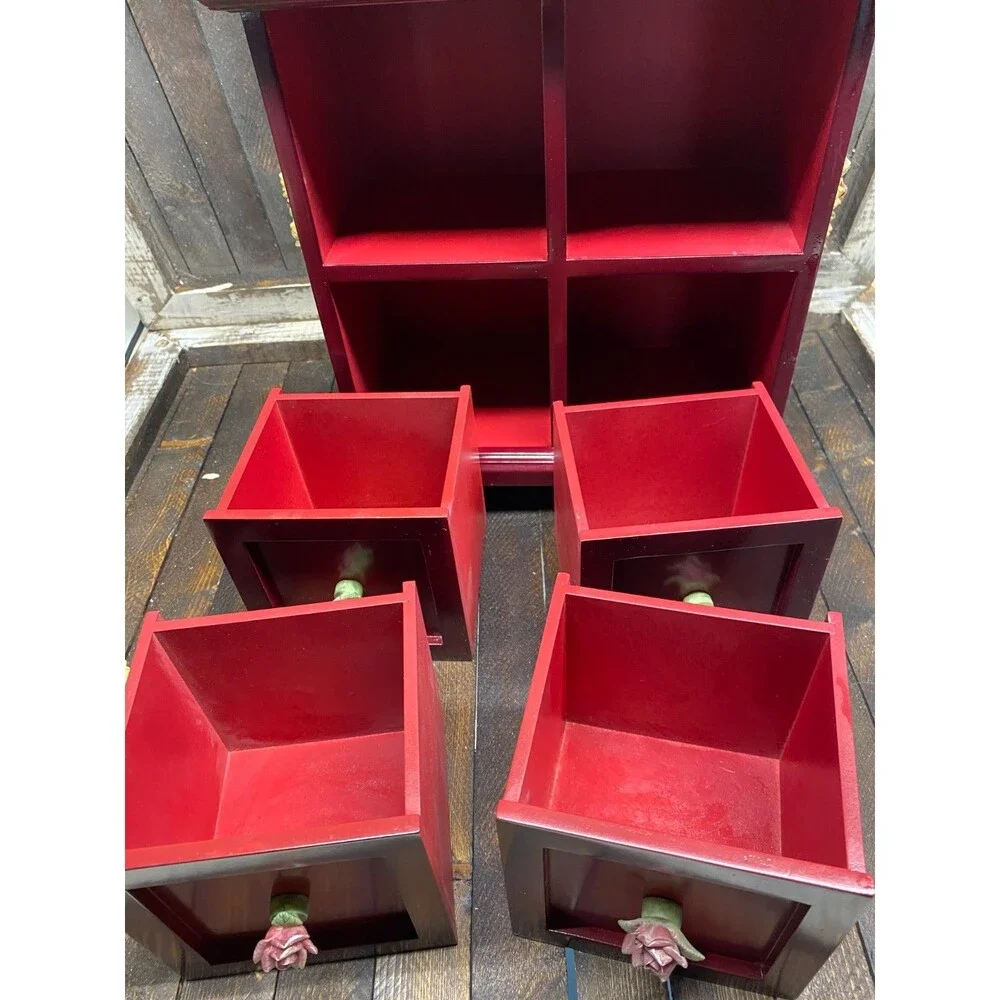 Set 2 Red Wood 4 Drawer Jewelry Chest With Resin Flowers And Trinket Photo Box